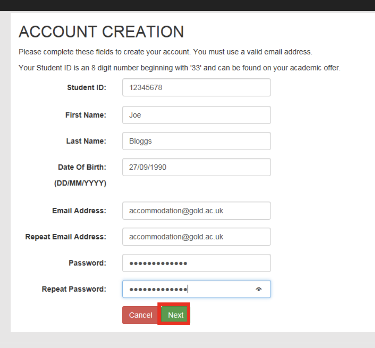 Screenshot of the account creation page with completed student detail fields in the Goldsmiths Portal. The next button is highlighted by a red-bordered square.