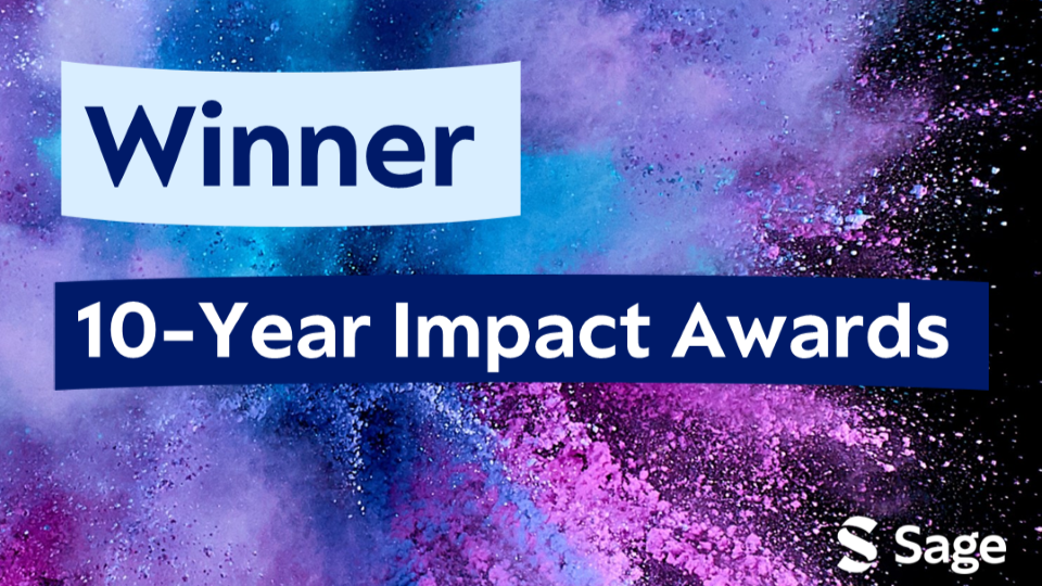 A purple and blue background with banners saying Winner and 10-Year Impact Awards. 